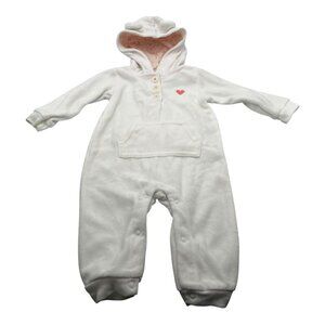 Carter’s Baby Hooded Fleece One Piece 9M Heart & Button Detail White Pink Floral